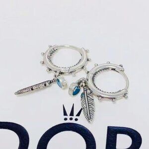 Pandora Turquoise Hearts and Feather Hoop Earrings